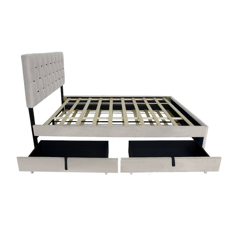 Queen Size Platform Bed with Gold Tufted Headboard with Trundle And Storage Drawers (600lb Capacity)