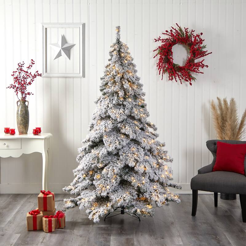 7’ Flocked Austria Fir Artificial Christmas Tree, Warm Clear LED - 7 Foot