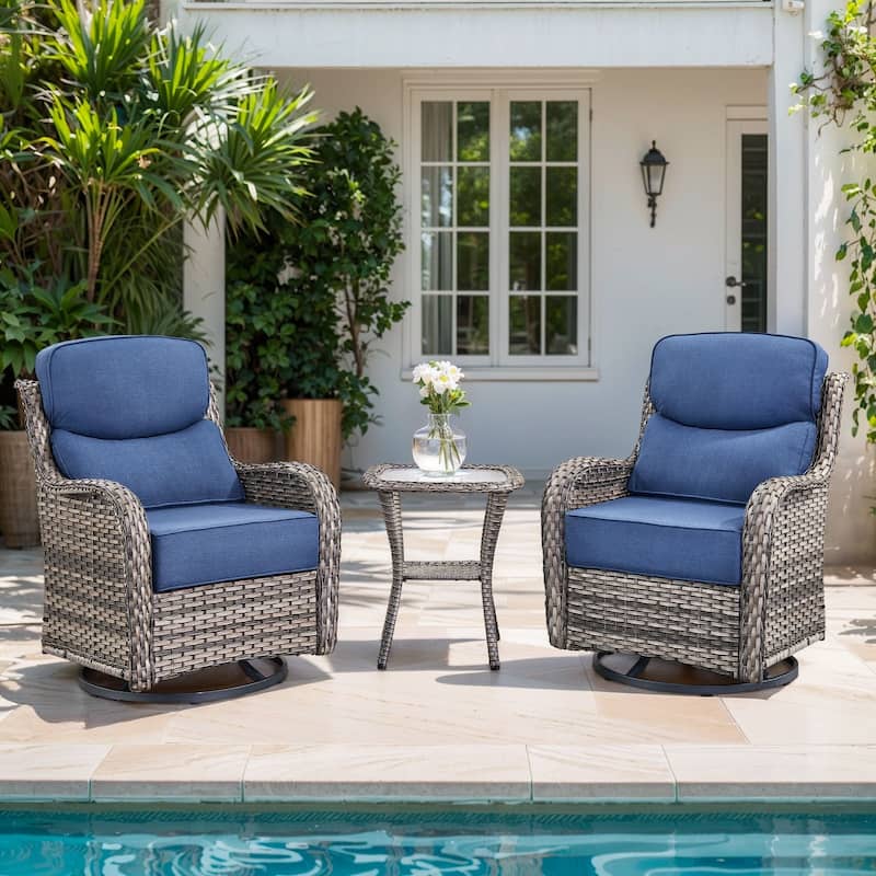 Gymojoy 3-Piece Patio Swivel Glider Chair Set with Side Table, 6-Inch Ultra-Plush Cushions & Water-Resistant Olefin Fabric - Grey Wicker / Blue Cusion - 3-Piece