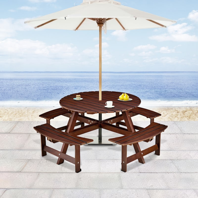 Outdoor 8 Person Picnic Table with a umbrella Hole,4 built-in benches