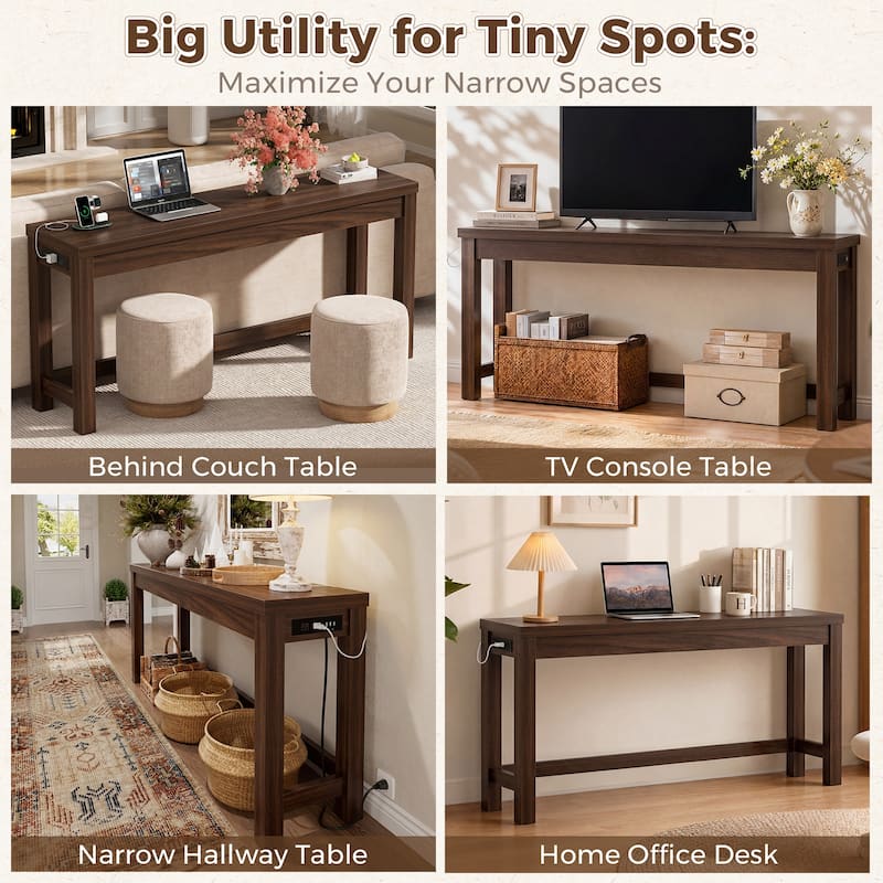 63-In Console Table with Charging Station, Farmhouse Entryway Table/ Behind Couch Table
