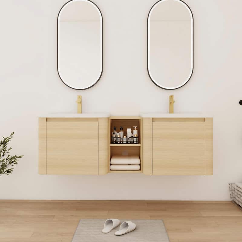 Bathroom Vanity With Sink In 24/28/36/40/60/68 Inch, Floating Bathroom Vanity With Soft Close Door - 59.8''W×18.8''D×20''H - Beige