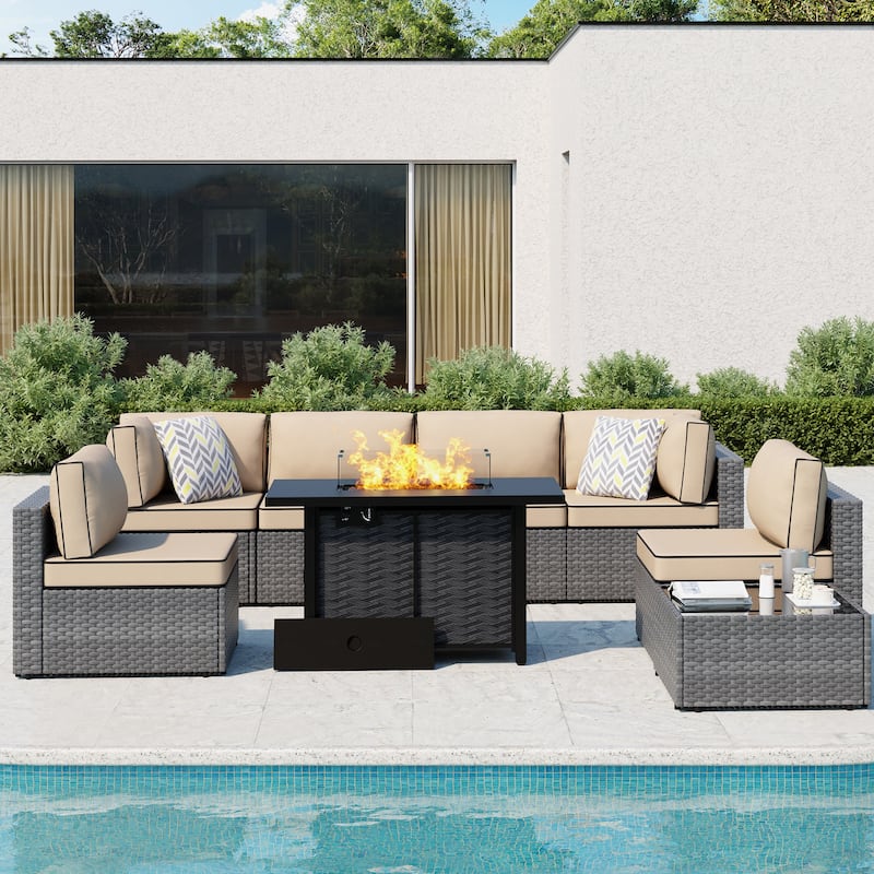 8-Piece Outdoor Patio Wicker Conversation Set with Fire Pit Table, Sectional Sofa & Cushions - N/A - Khaki/Silver
