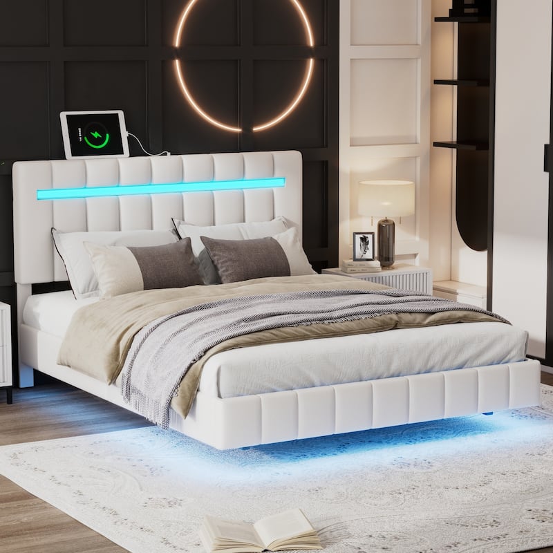Full Size Floating Bed Frame with LED Lights and USB Charging, Modern