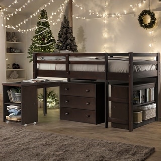 Low Study Twin Loft Bed with Cabinet and Rolling Portable Desk, Espresso