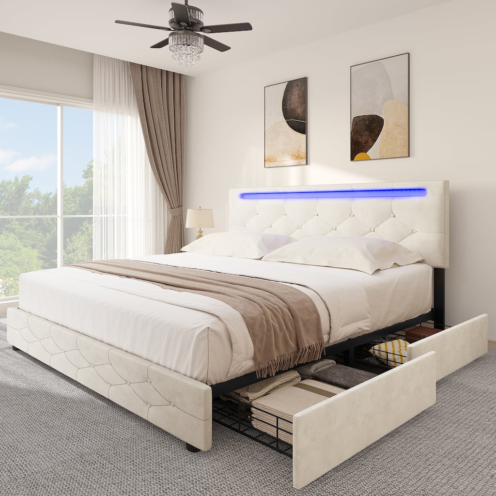 Queen Adjustable Upholstered Headboard Platform Bed Led Bed Frame with 4 Storage Drawers