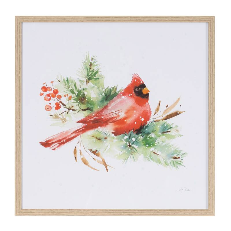 Set of 2 Seasonal Cardinal Wall Decor Rustic Framed Prints with Red Bird and Pine Branch Design - 14.25”L x 1”W x 14.25”H