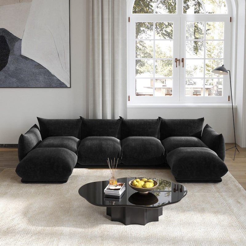 130" U-Shaped Sectional Sofa, Minimalist Chenille Modular 6-Seat Couch Sectionals with Reversible Chaise Ottoman - Black