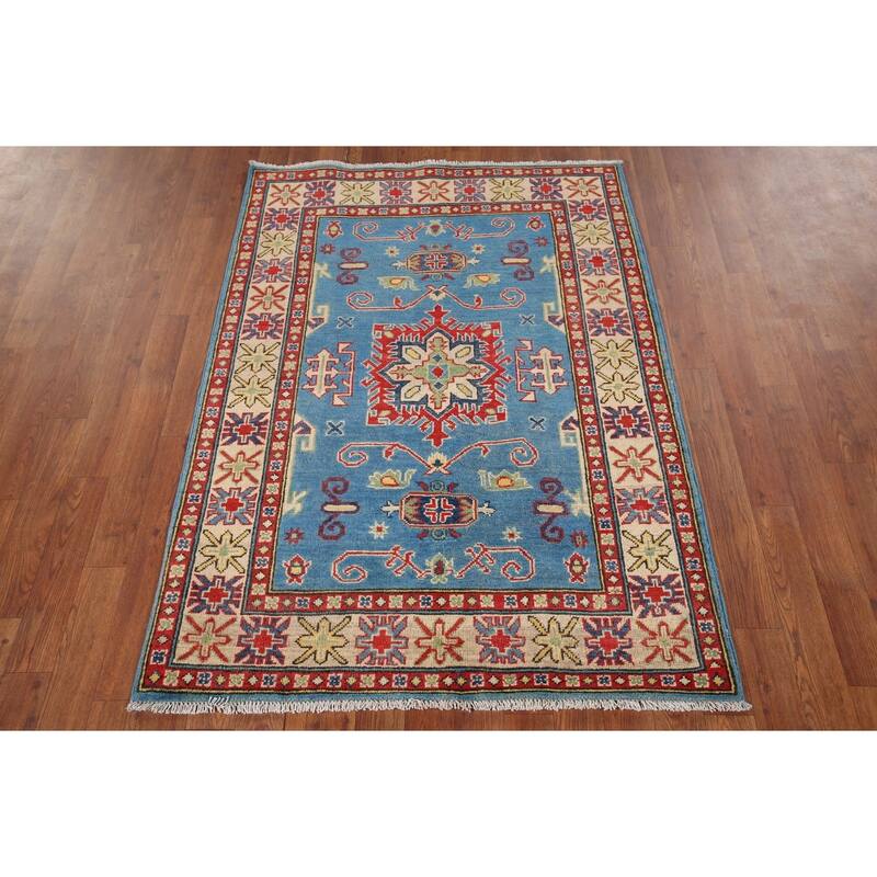 Blue Kazak Pakistan Accent Rug Hand-Knotted Wool Carpet - 3'5" x 4'10"