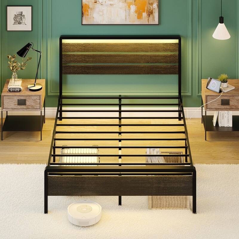 Bed Frame with LED Light and Charging Station, Metal Platform Bed with Wood Headboard
