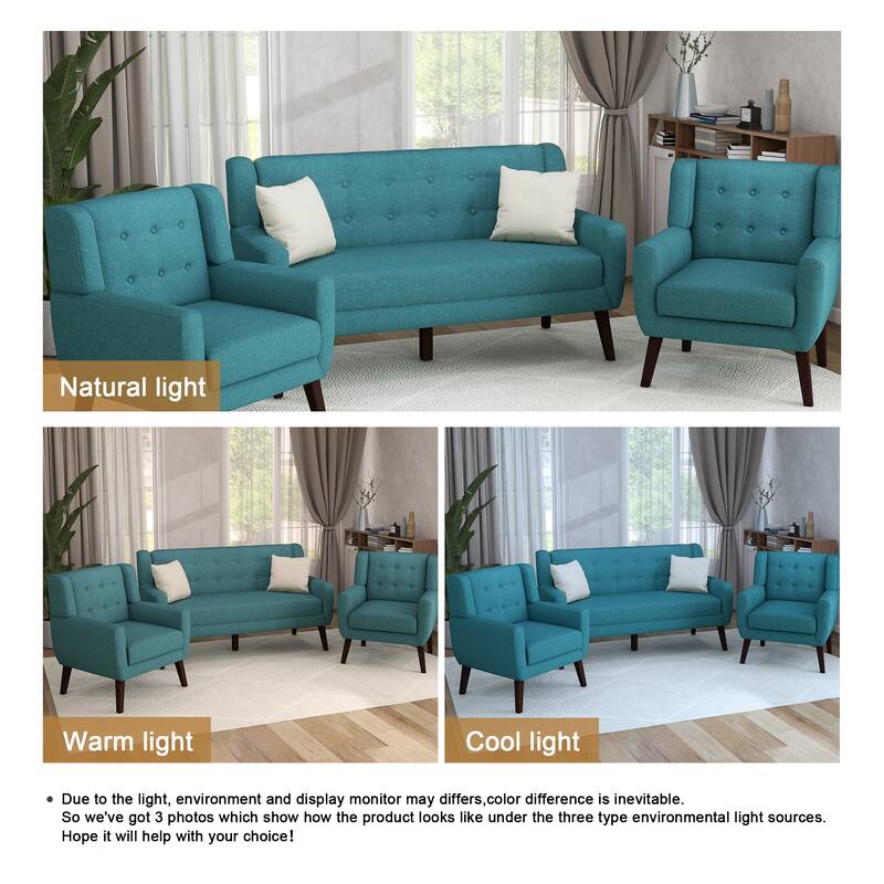 3-Piece Mid-Century Modern Living Room Set with Loveseat and 2 Chairs