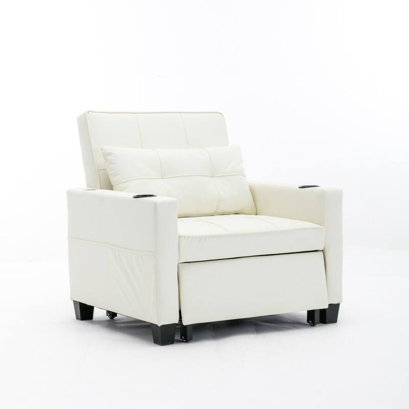 3-in-1 Convertible Sofa Chair,Pull Out Sleeper Chair with USB Ports and Cup Holders（Leather）