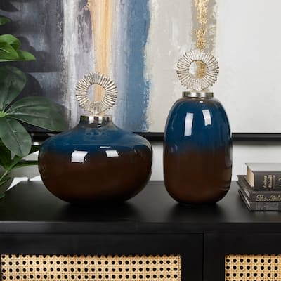White or Blue Metal Decorative Jars with Ring Handles (Set of 2)