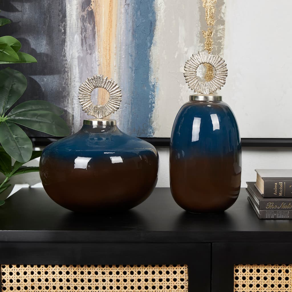 White or Blue Metal Decorative Jars with Ring Handles (Set of 2)