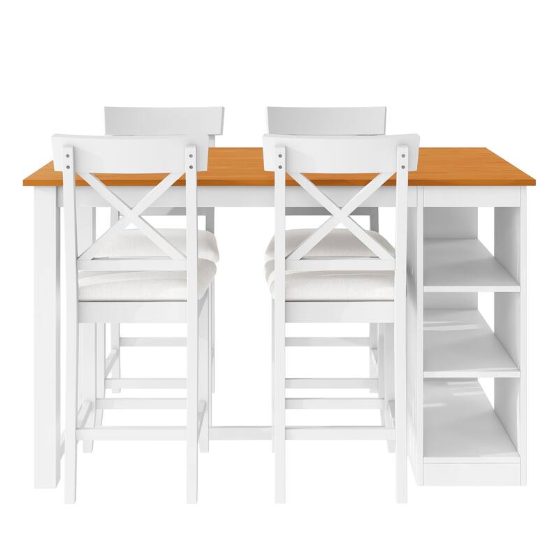 60"x30" Solid Wood Farmhouse 5-Piece Dining Set with Storage Shelves & Counter-Height Table, 4 Upholstered Chairs