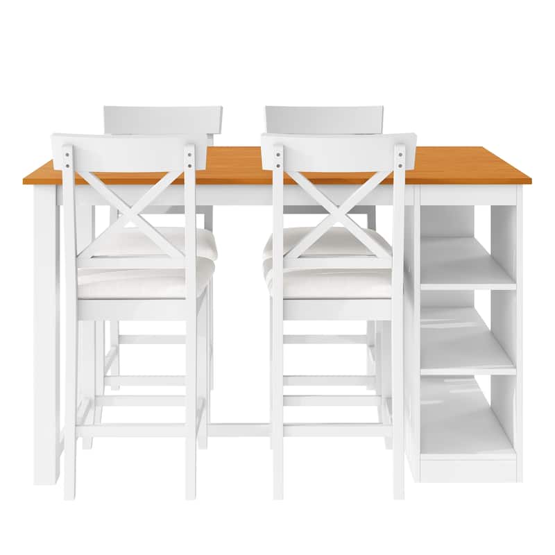 Roomfitters 5-Piece Counter Height Dining Table Set, 60" Farmhouse Kitchen Table with 3-Tier Shelves and 4 Chairs