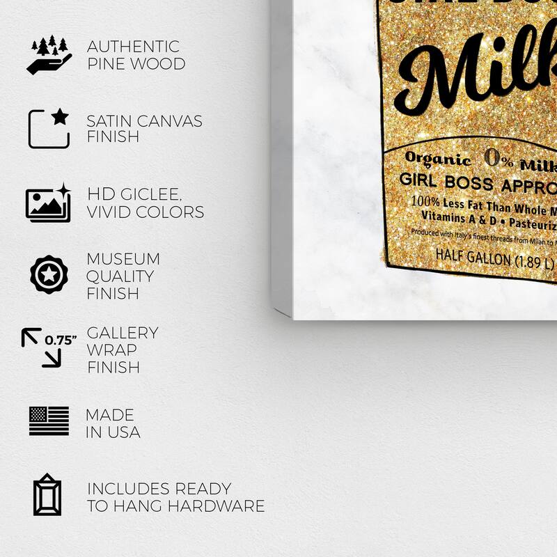 Wynwood Studio Canvas Drinks GIRL BOSS Milk GLITTER Gold and Metallic Gold Modern & Contemporary Wall Art Canvas Print