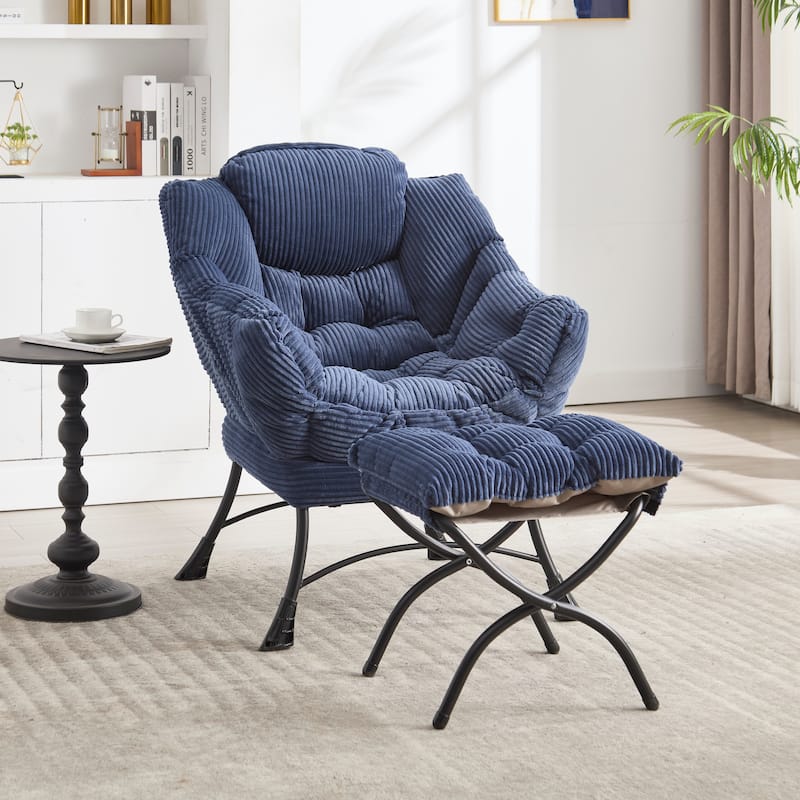 Anmytek Navy Lazy Armchair and Ottoman Set Plush Comfort Modern Living Room Reading Chair
