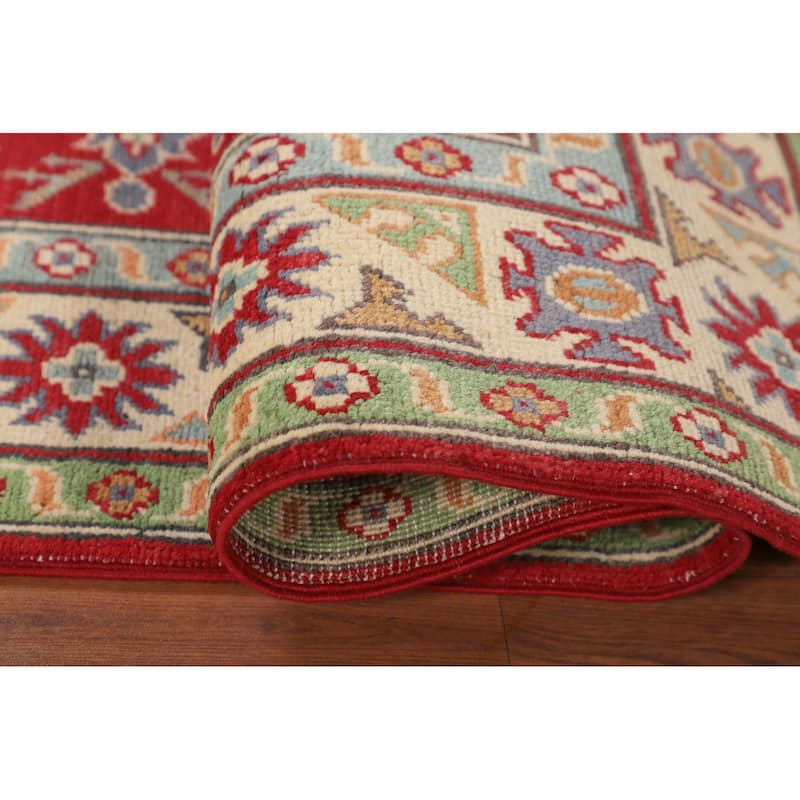 Geometric Kazak Foyer Rug Hand-Knotted Oriental Red Wool Carpet - 2'7" x 4'2"