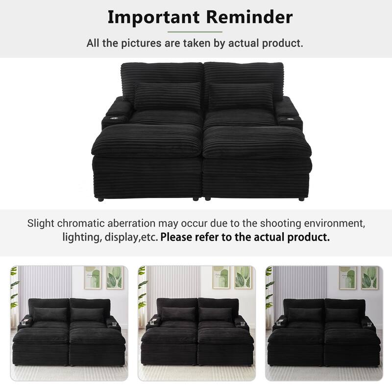 L-Shaped Corduroy Sectional Sofa w/ USB Ports & Cup Holders, 2-seater Sofa Loveseat w/ 2 Ottomans, Convertible Sleeper Sofa Bed