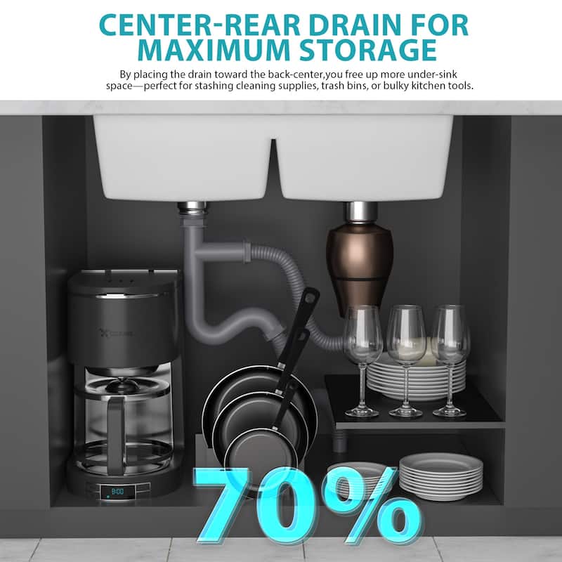 Undermount Double Bowl Quartz Kitchen Sink in White - 33'' x 19'' x 9.65''