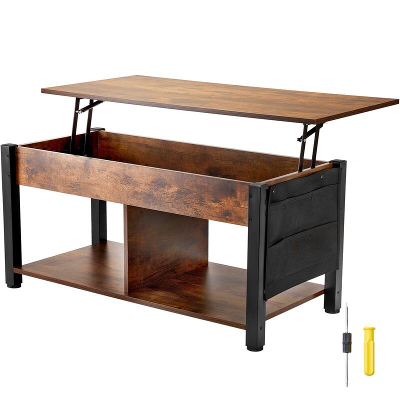 Lift Top Coffee Table, Rectangle Coffee Table with Extra Storage Pockets, Pop Up Coffee Table for Living Room - 41.7 in, two modes - Brown