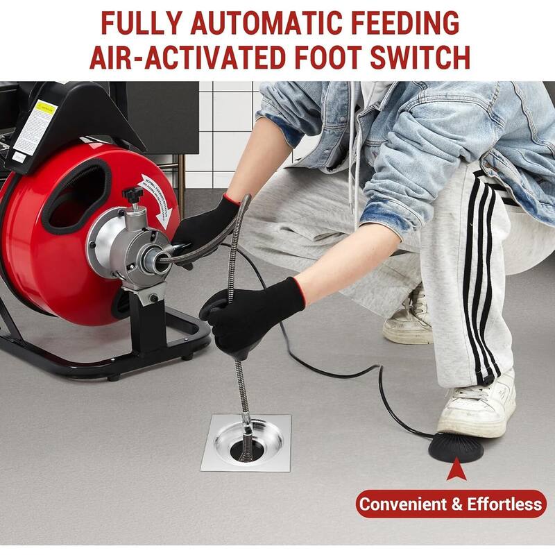 Auto Feed 100 FT x 3/8 in Drain Cleaner Machine with 370W Motor for 1"-4" Pipes