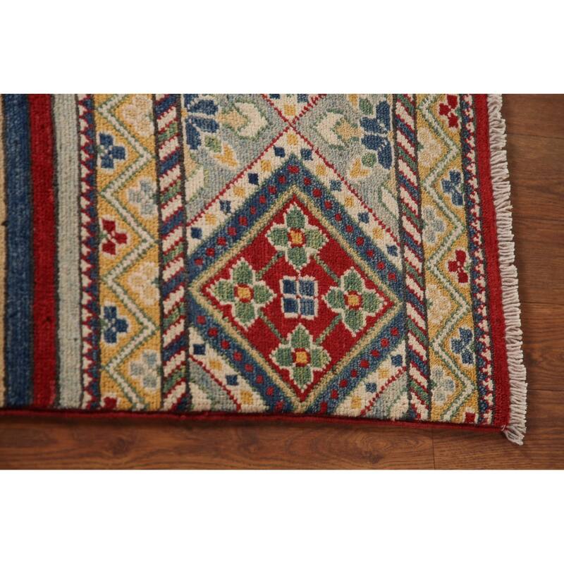 Striped Geometric Kazak Area Rug Hand-Knotted Wool Carpet - 4'11" x 6'7"