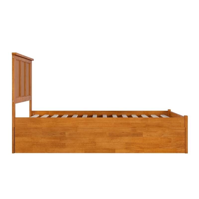 Solid Wood Platform Bed with Trundle - Full Size Bed Frame, Footboard, Slat Support, Bedroom Furniture