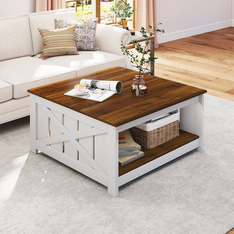 Gymax 31'' Wooden Square Coffee Table w/Storage Shelf Open Compartment - White, Brown