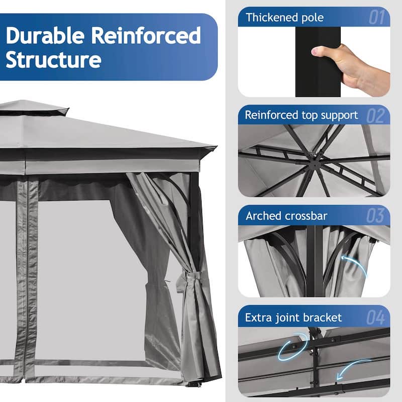 Outdoor Gazebo Tent with Double Roof, Mosquito Netting & Privacy Screens