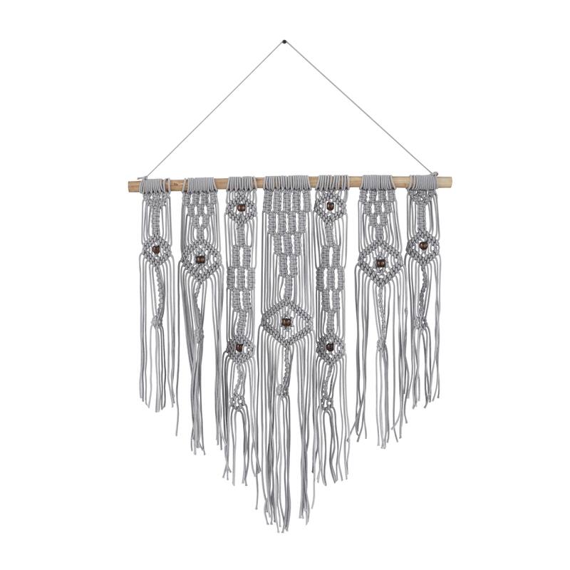 Cotton Fabric Macrame Handmade Intricately Weaved Wall Decor with Beaded Fringe Tassels - Gray - Roche River Decor - Gray
