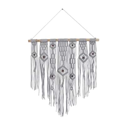 Cotton Fabric Macrame Handmade Intricately Weaved Wall Decor with Beaded Fringe Tassels - Gray - Roche River Decor
