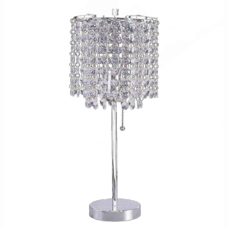Chandelier Crystal Accented Table Lamp with Tubular Frame, Chrome and Clear