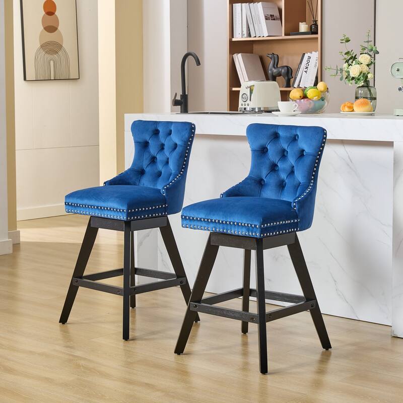 Swivel Bar Stools Set of 2, Velvet Counter Height Barstools with Wooden Legs, Kitchen Island Chairs with Button Backrest