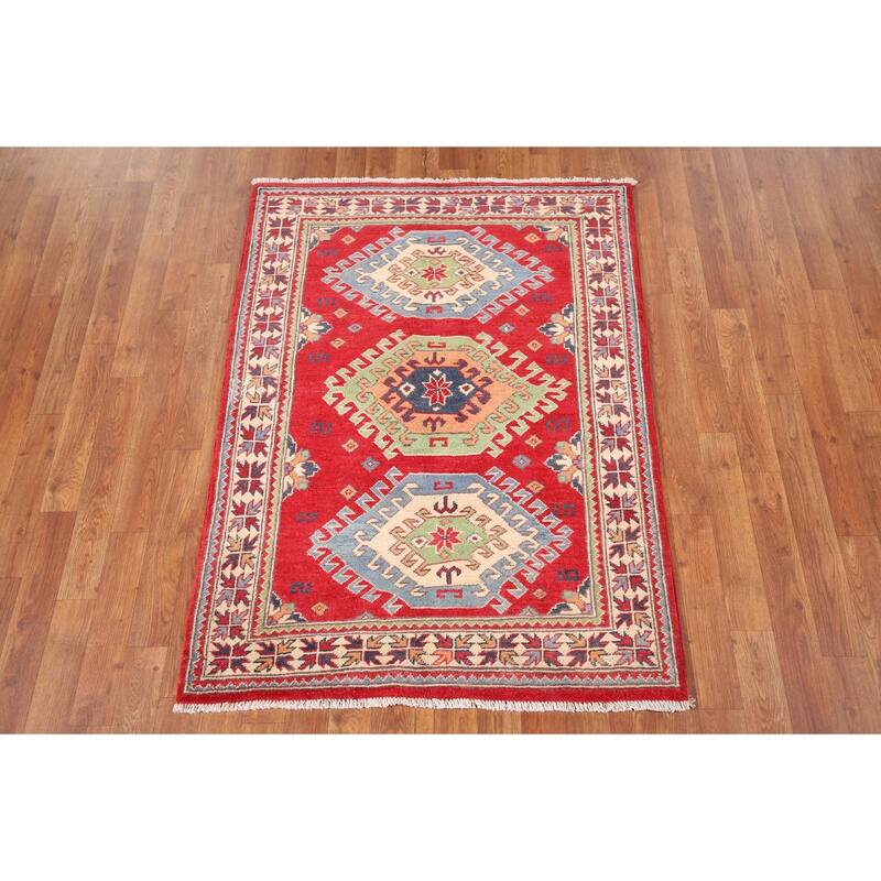Geometric Kazak Accent Rug Hand-Knotted Red Wool Carpet - 3'4" x 4'7"