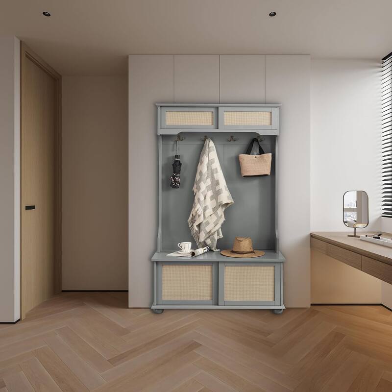 Roomfitters Casual Style Hall Tree Entryway Bench with Rattan Door Shelves, Shoe Cabinets, Solid Wood Feet
