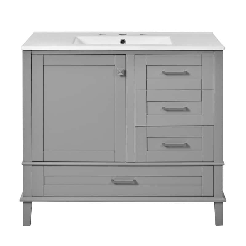 Contemporary 36-inch White Bathroom Vanity Cabinet with a Sturdy Pine Frame, 1 Soft Close Door and 3 Drawers. - Grey