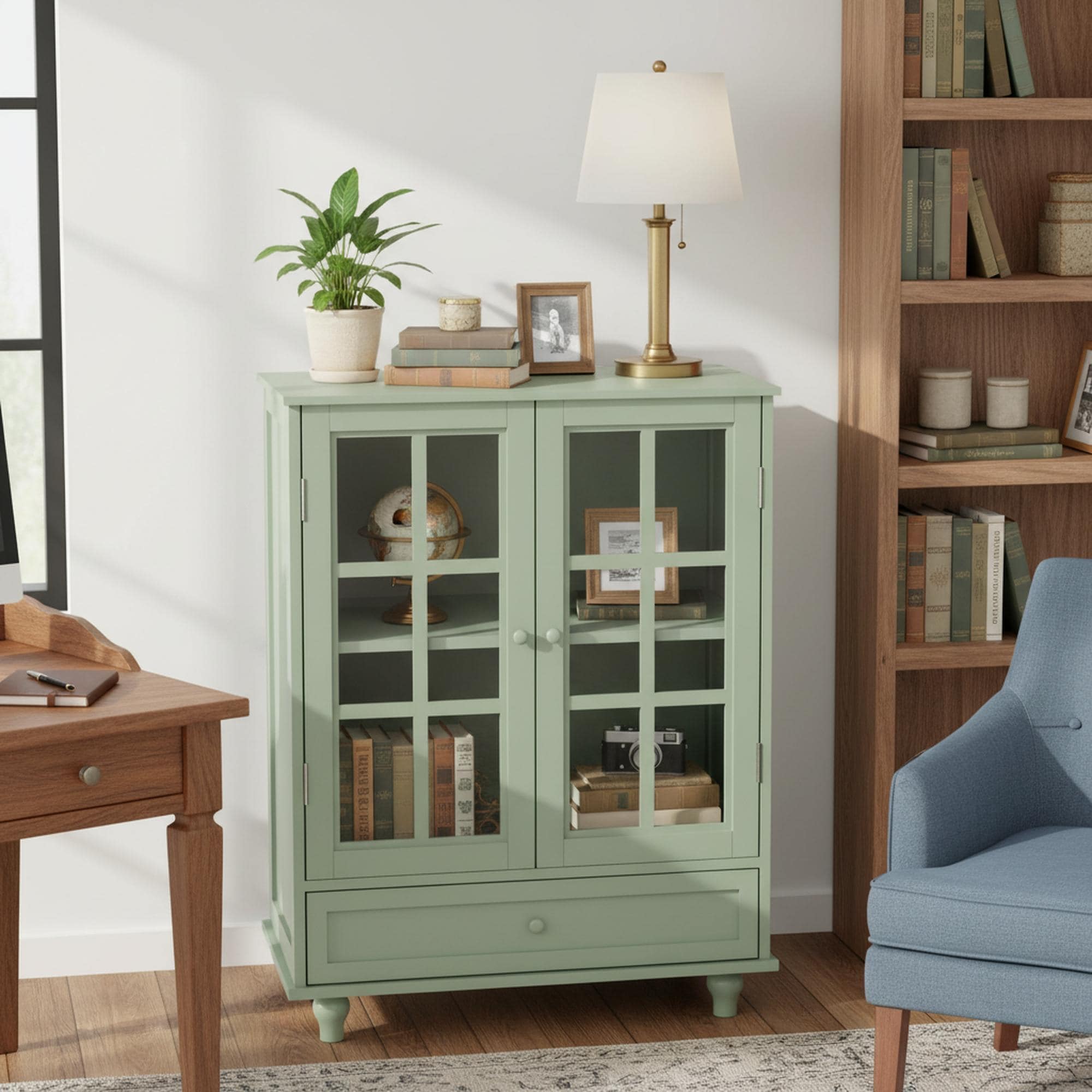 Homy Casa Minimalist Buffet Cabinet with Glass Doors & Drawer, Storage Sideboard, Kitchen Living & Dining Room Hallway Entryway