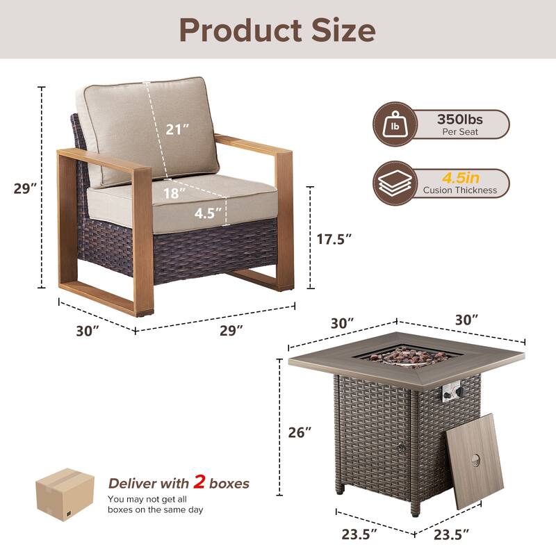 Meyreso 3-Piece Wicker Patio Conversation Set with Fire Pit & Plush 4.5" Olefin Cushions