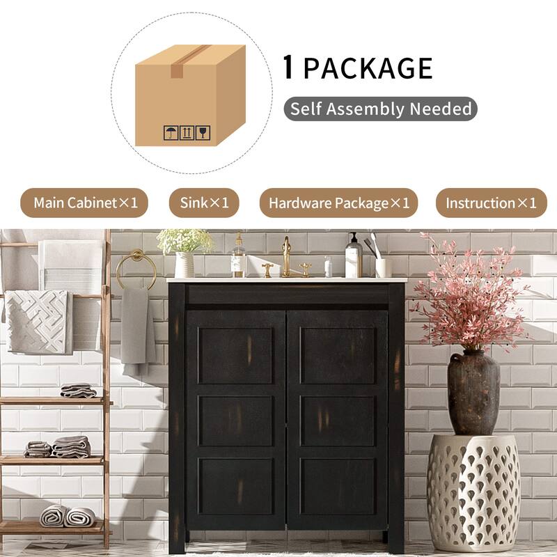 30" Rustic Bathroom Vanity with Ceramic Sink, Soft-Close Doors & Adjustable Shelf, Espresso Storage Cabinet, Modern Wood Frame