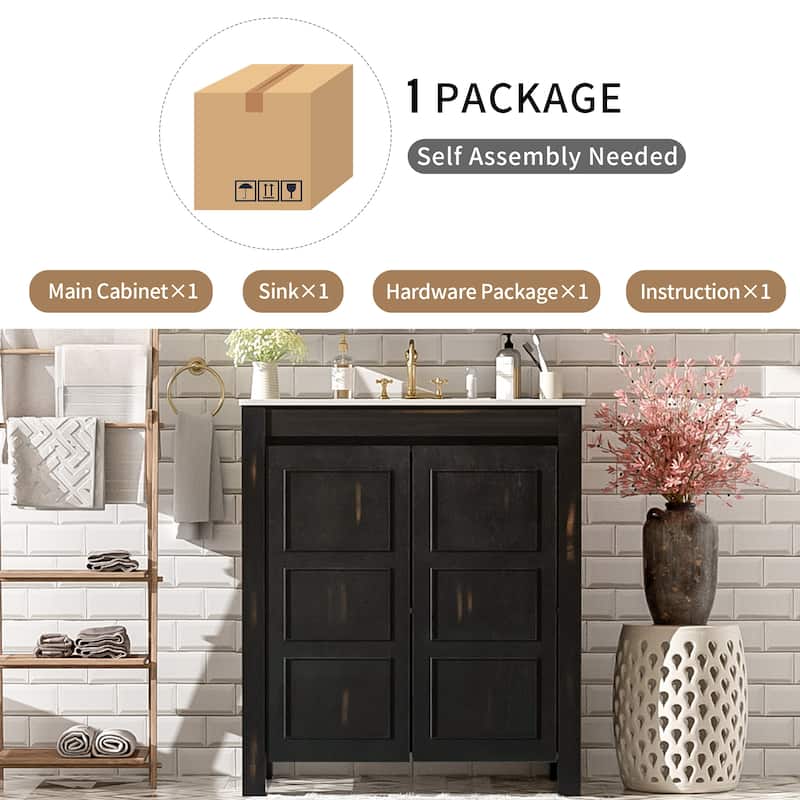 GDFStudio - Elysia Wood & Ceramic Bathroom Vanity with Sink & Storage Cabinet Organizer