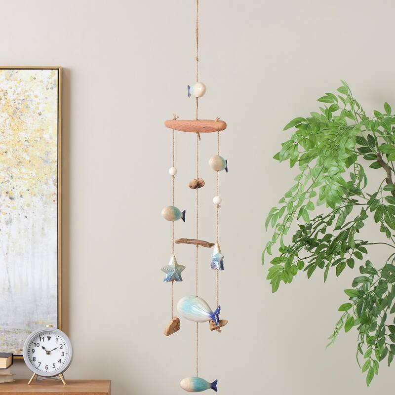Blue Ceramic Ombre Fish Windchime with Driftwood and Hanging Starfish Accents - Blue