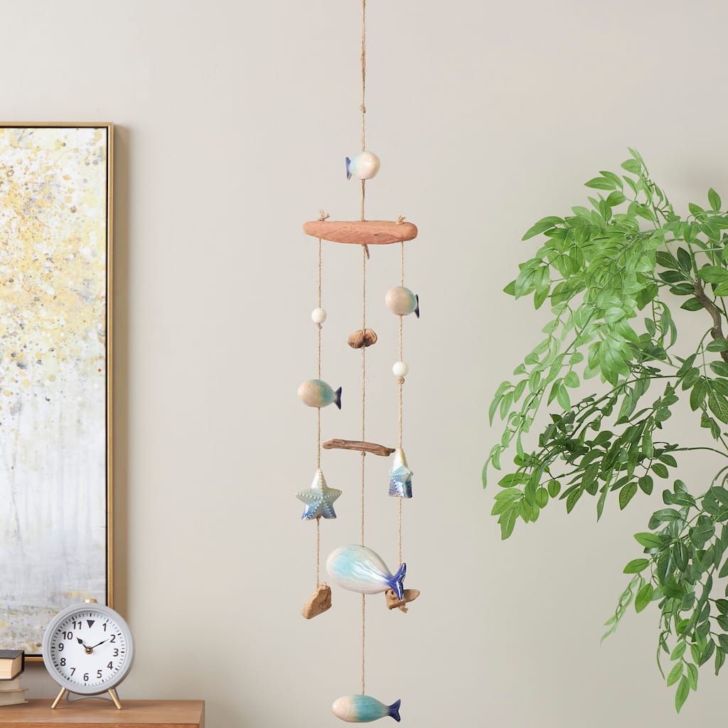Blue Ceramic Ombre Fish Windchime with Driftwood and Hanging Starfish Accents