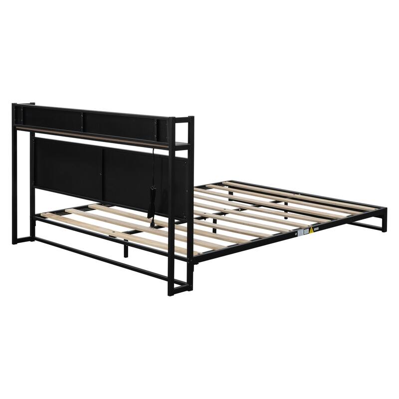 Platform Queen Bed with Socket, Fast Assemble Design Bed Bath