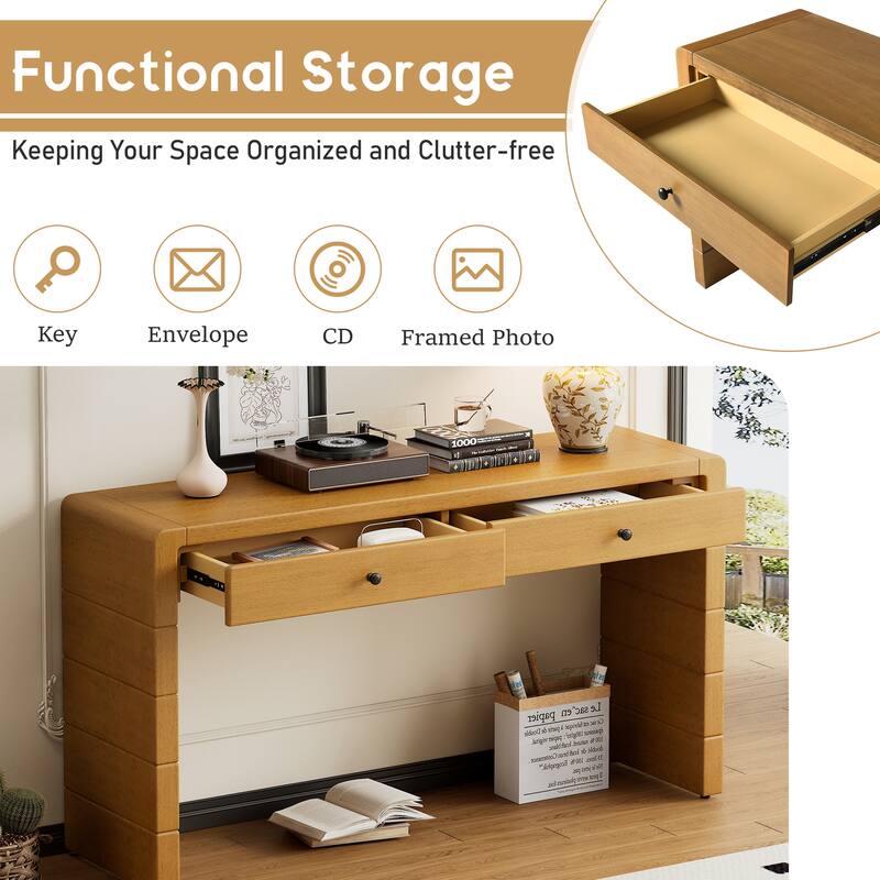 Birch Veneer Curved Console Table with 2 Storage Drawers, Wooden Entryway Table Hallway Tables Accent Table Sofa Table