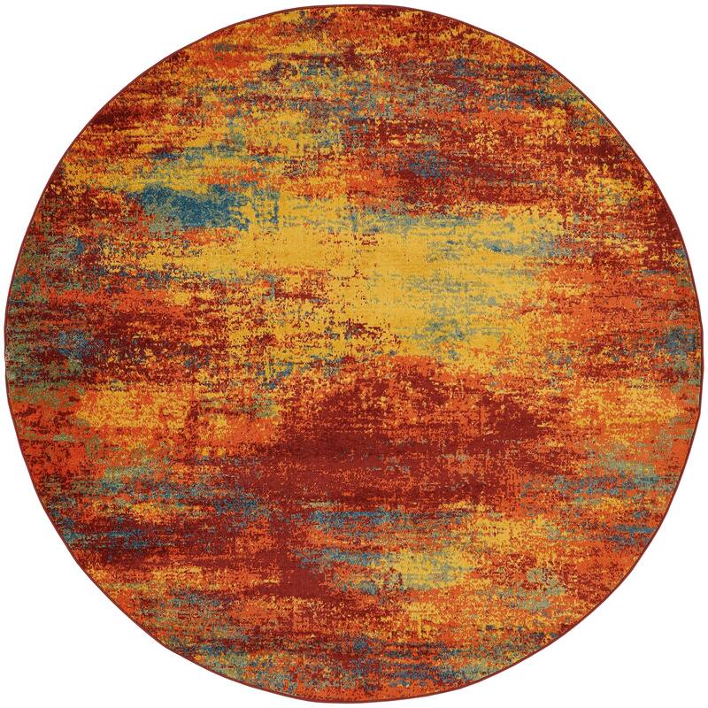 Nourison Essentials Indoor/Outdoor Red Abstract Area Rug - 8' x Round - Flame