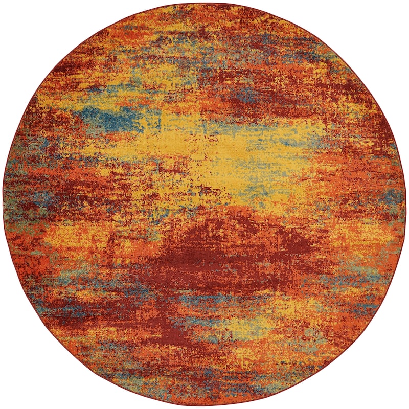 Nourison Sandy Indoor/Outdoor Abstract Area Rug - 8' x Round - Orange/Flame/Red