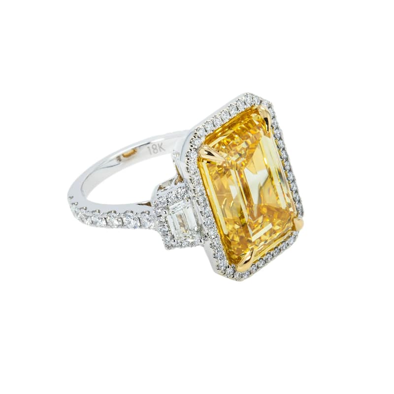 House Of Leon 18K White Gold 10.51ct Emerald Fancy Vivid Yellow Diamond Ring 11.93ctw IGI