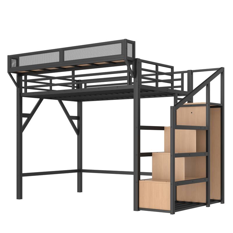 LED High Loft Bed with Charging Station, Heavy Duty Metal Loftbed Frame with Stairs, Shelves and Wardrobe
